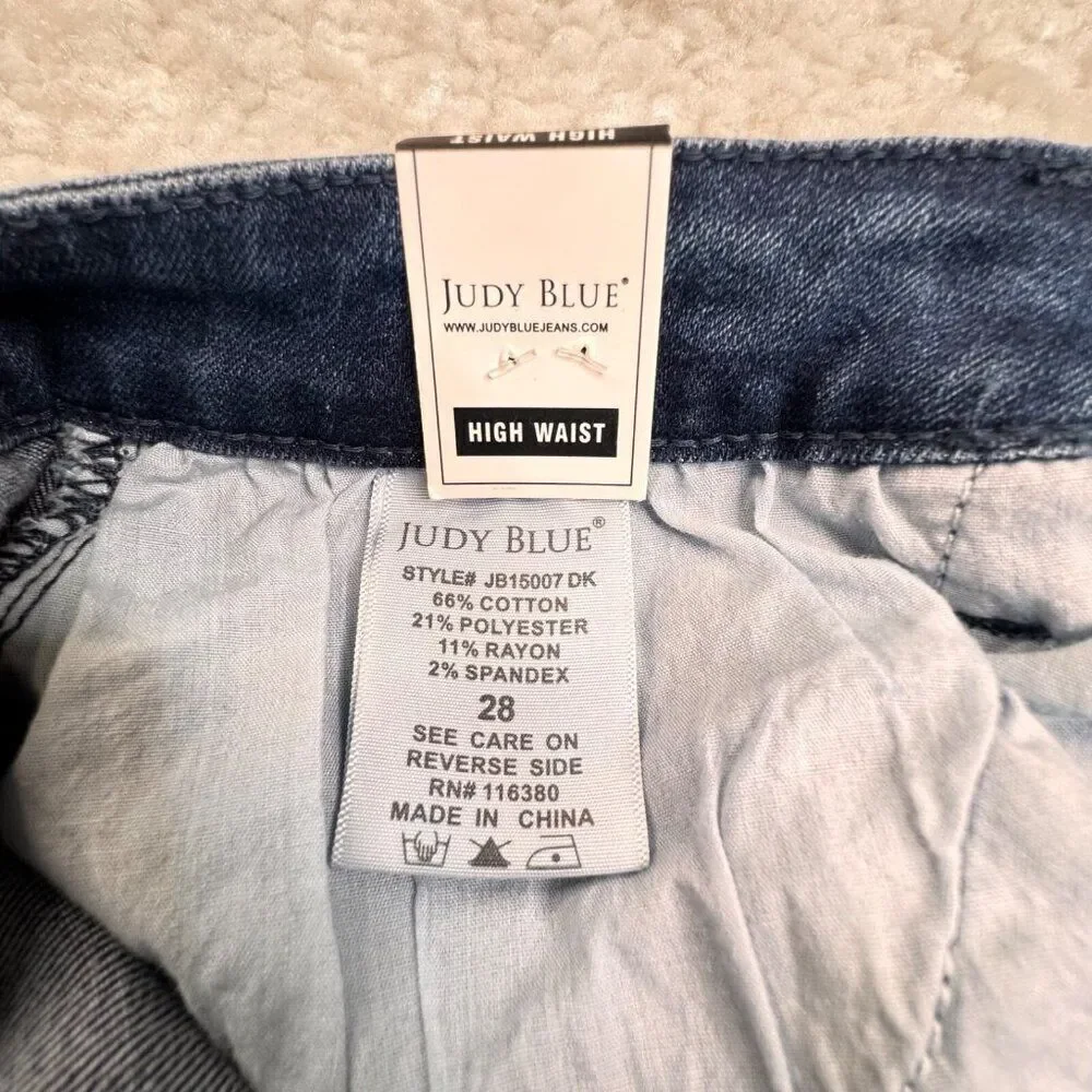 Judy Blue High Waist Cuff Shorts Dark Blue Wash Stretch Womens 28 NEW